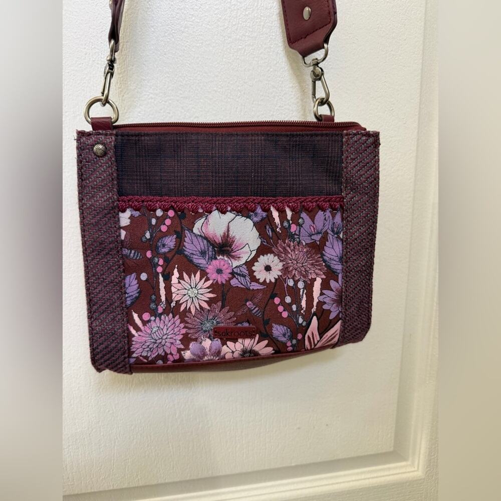 Sakroots “sanibel” crossbody purse in burgundy floral
